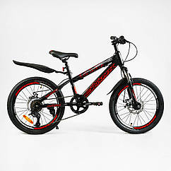 Дитячий спортивний велосипед 20 дюймів Corso «CRANK» CR-20820 сталева рама, обладнання LTWOO-A2, 7 швидкостей / чорно-червоний