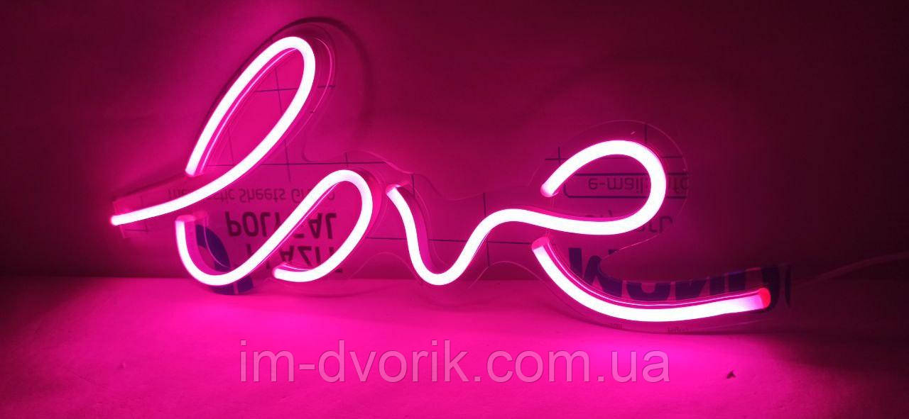 Неонова вивіска Led LOVE Рожева 500х193 мм світлодіодна з блоком живлення, фото 1