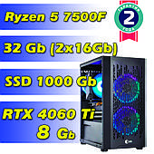 Игровой компьютер / ПК  AMD Ryzen 5 7500F (6 x 5.0 GHz) / 32Gb DDR5 / SSD 1000 Gb / RTX 4060 Ti 8Gb