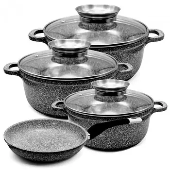 Набір із 3 казанів з кришками круглої форми та сковородою з гранітним покриттям UNIQUE UN-5521
