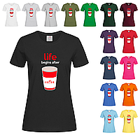 Черная женская футболка Life begins after coffee (19-52)
