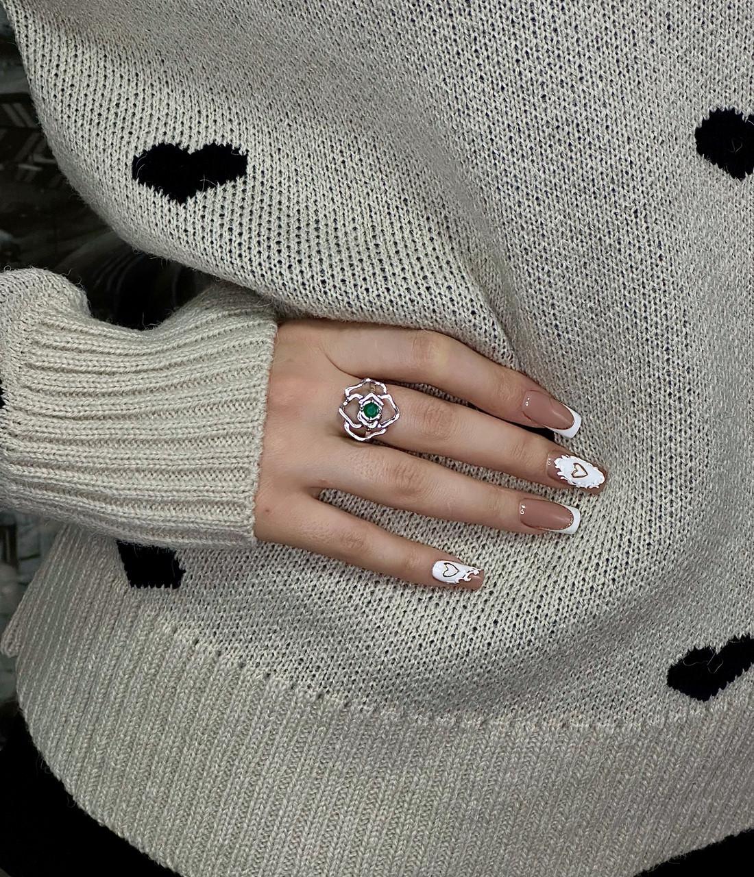 Срібна каблучка з зеленим хризопразом покрита родієм, фото 1