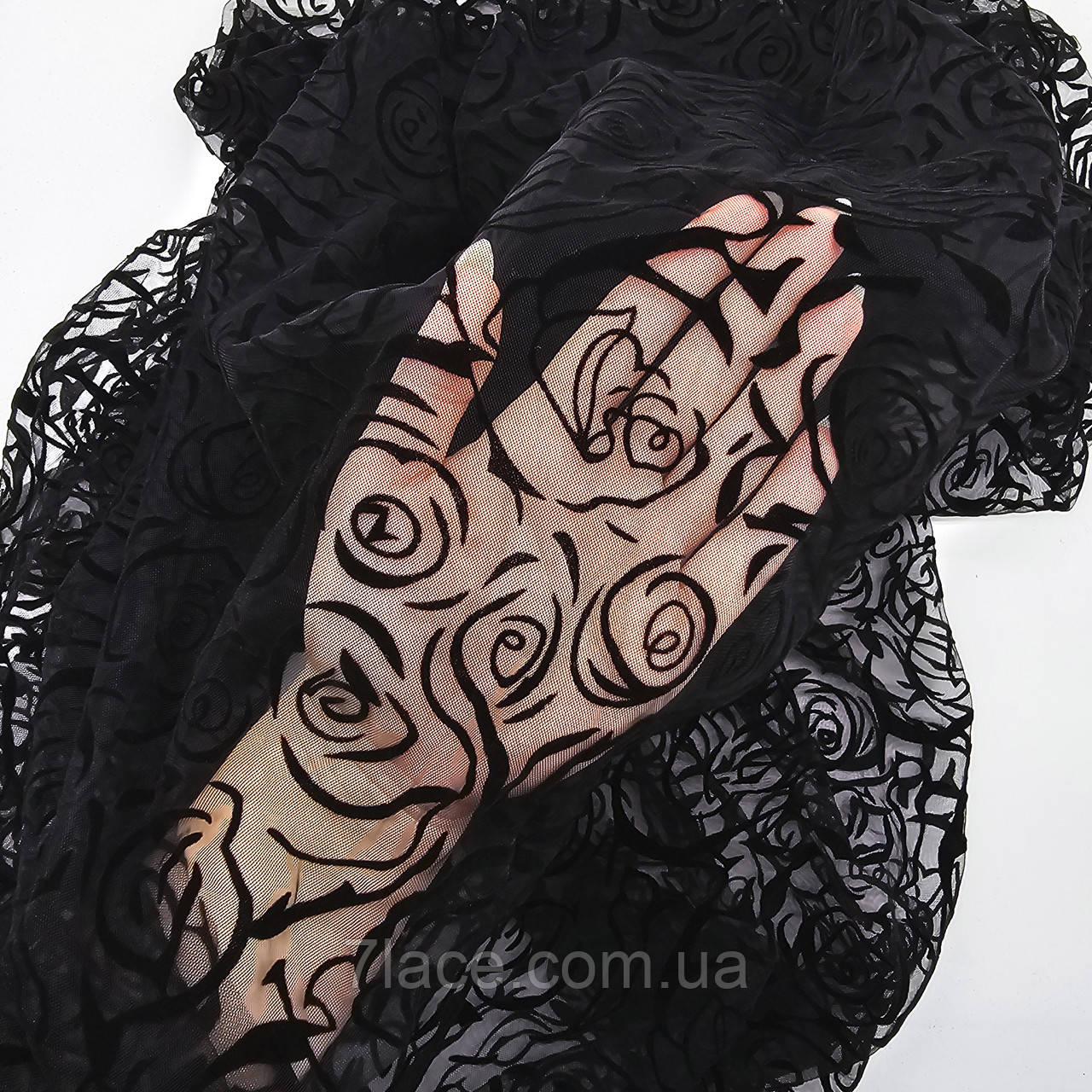 Сітка стрейч з флоком (ТРОЯНДИ) / колір ЧОРНИЙ / ціна вказана за 0,5 метра сітки