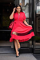 Женское красное платье миди с сеткой и коротким рукавом батал