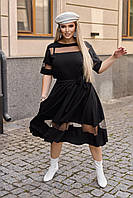 Женское черное платье миди с сеткой и коротким рукавом большие размеры
