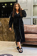 Женский домашний махровый черный халат длинный с поясом и капюшоном