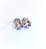 Сережки - пусети - цвяшки срібні "Віночок" з різнокольоровим камінням родовані