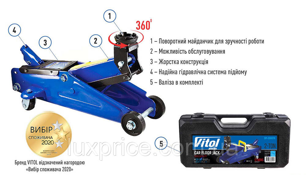 Домкрат гідравлічний підкатний 2т 128мм-300мм, кейс VITOL DP-20007K    Luxprice, фото 1