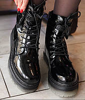 Женские лаковые ботинки берцы Parat молния/шнуровка на тракторной подошве.