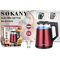 Электрочайник Sokany SK-SH-1076 дисковый 1,7 л, цвет красный , электрический чайник на 2 л