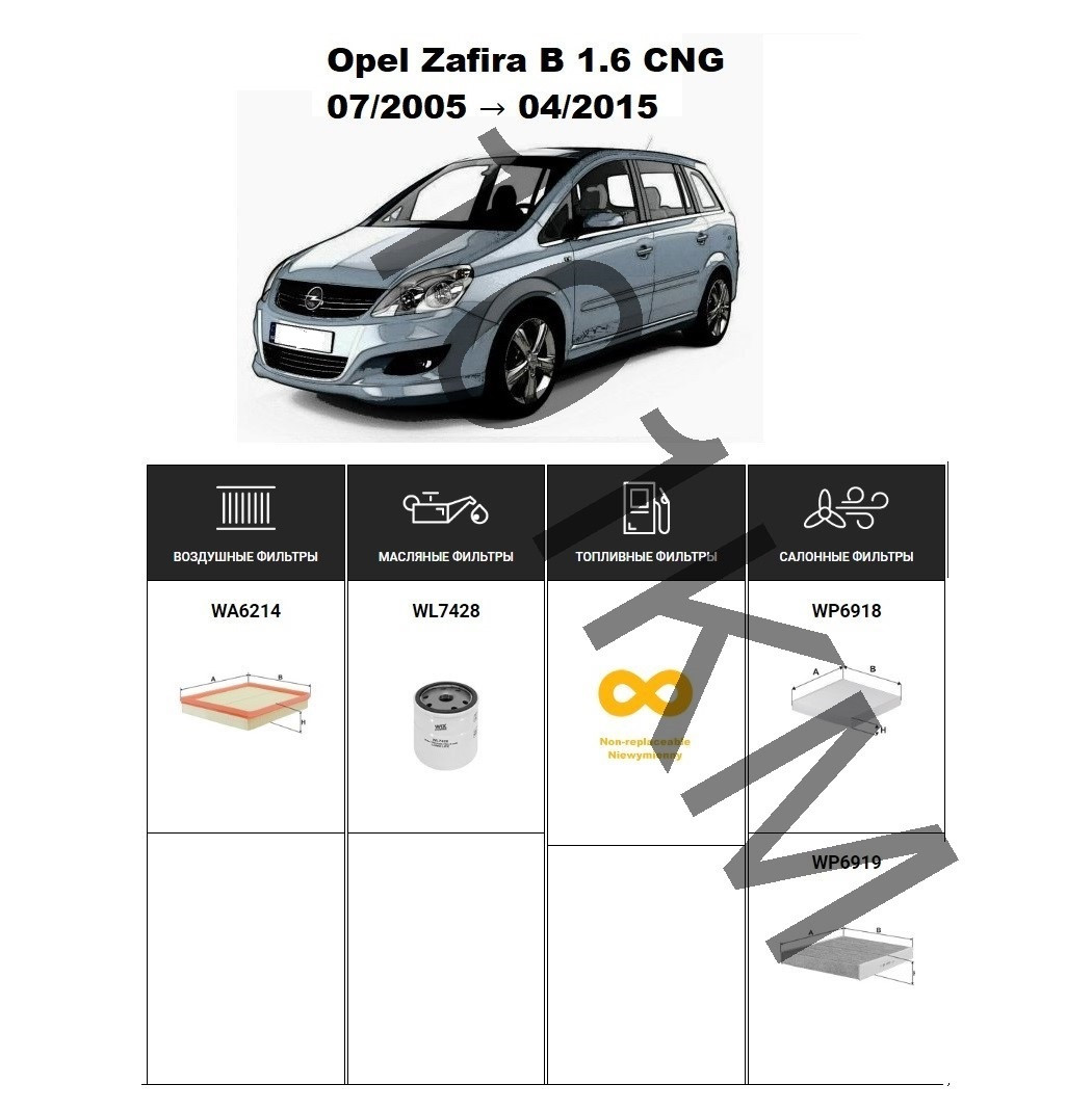 Комплект фільтрів Opel Zafira B 1.6 CNG (2005-) WIX