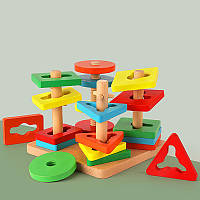 Детская развивающая игрушка MWZ-3078 Сортер Геометрик деревянная пирамидка-ключ 20 элементов