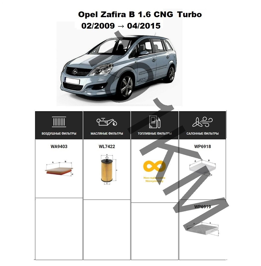 Комплект фільтрів Opel Zafira B 1.6 CNG Turbo (2009-) WIX, фото 1