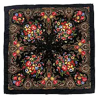 Черный платок с цветами в украинском стиле тонкий