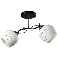 Люстра на два круглі плафони білого кольору з візерунком під лампу Е27 каркас чорний з хром Svet SW-505/2 CR+BK