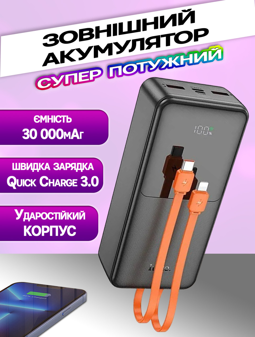 Power Bank повербанк J119B-30000 mAh зі швидким заряджанням Sharp 22.5W Power Bank (PD/QC3.0) Чорний, фото 1