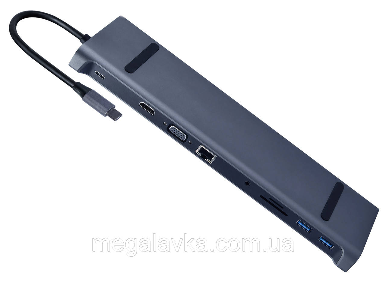 Док-станція USB-C 10в1 (USB-хаб + HDMI/VGA/PD/картридер/LAN/3.5-мм аудіо) Cablexpert A-CM-COMBO1- MegaLavka