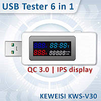 USB тестер струму напруги ємності KEWEISI KWS-V30 QC3.0 / 4-30V / 195W / 6.5A White