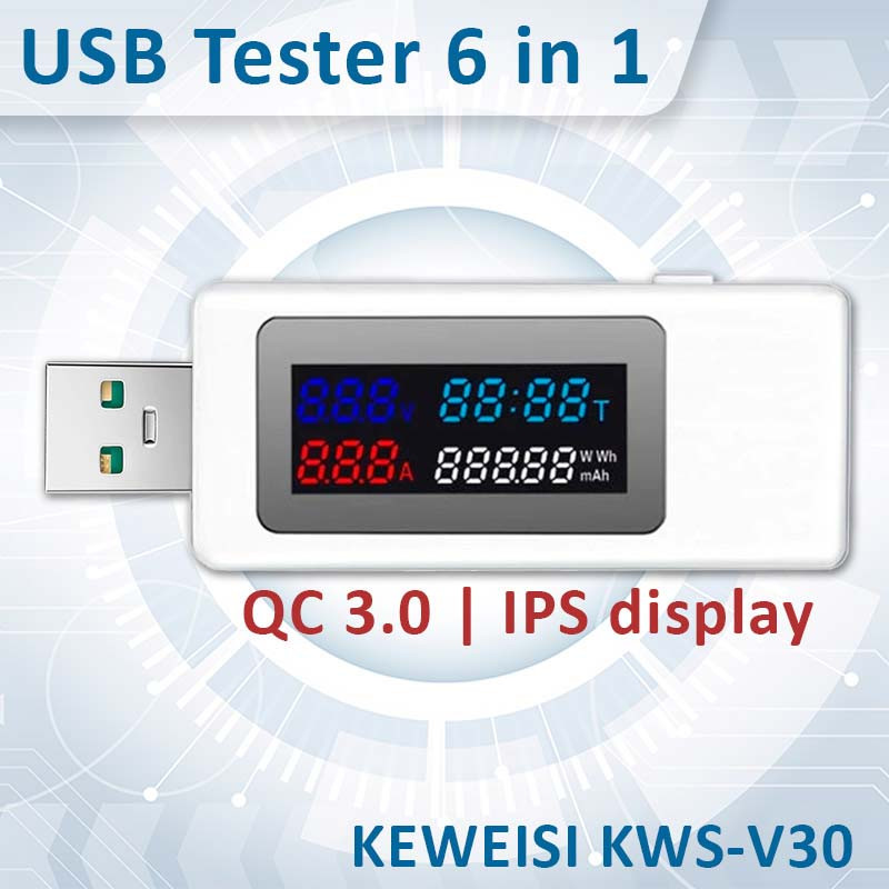 USB тестер струму напруги ємності KEWEISI KWS-V30 QC3.0 / 4-30V / 195W / 6.5A White