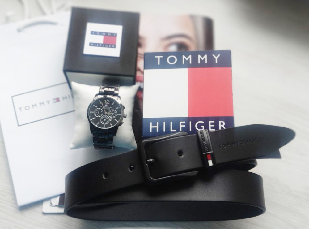 Мужской подарочный набор Tommy Hilfiger часы и кожаный ремень total black