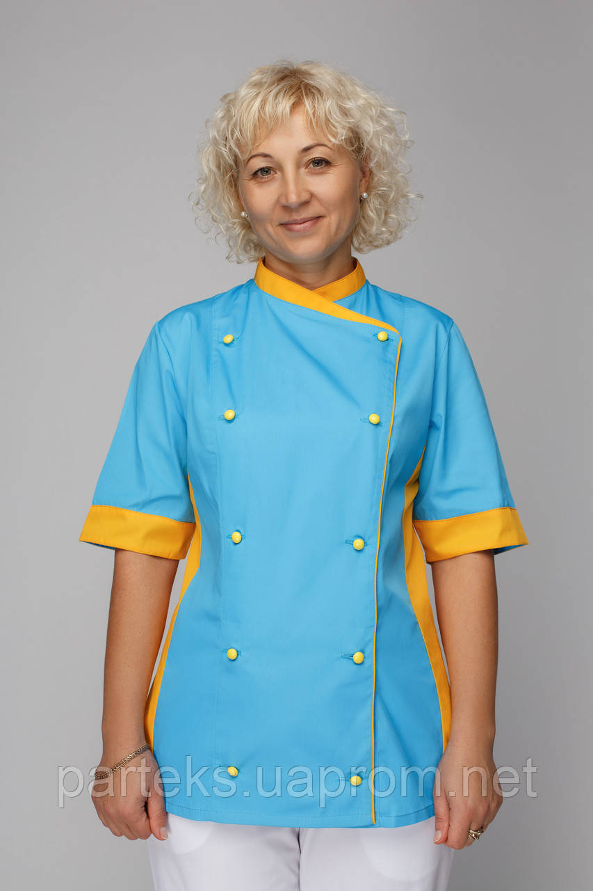 Куртка кухаря жіноча Символ, блакитного кольору з жовтими вставками