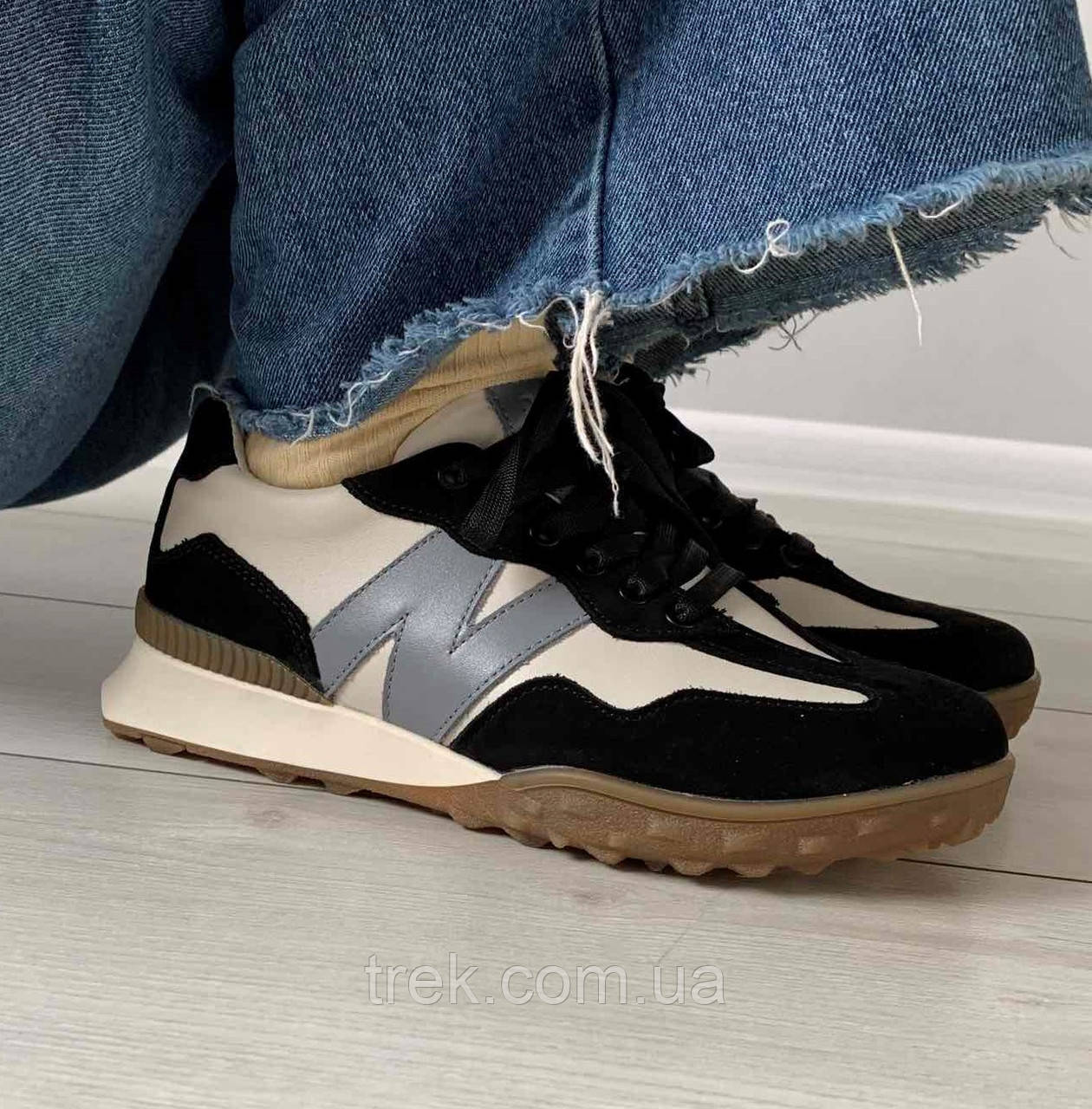 Кросівки шкіряні чорно-беж-сірі /23427/ 40р, фото 1