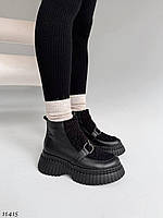 Женские ботинки демисезонные черные кожаные с вставками меха тедди