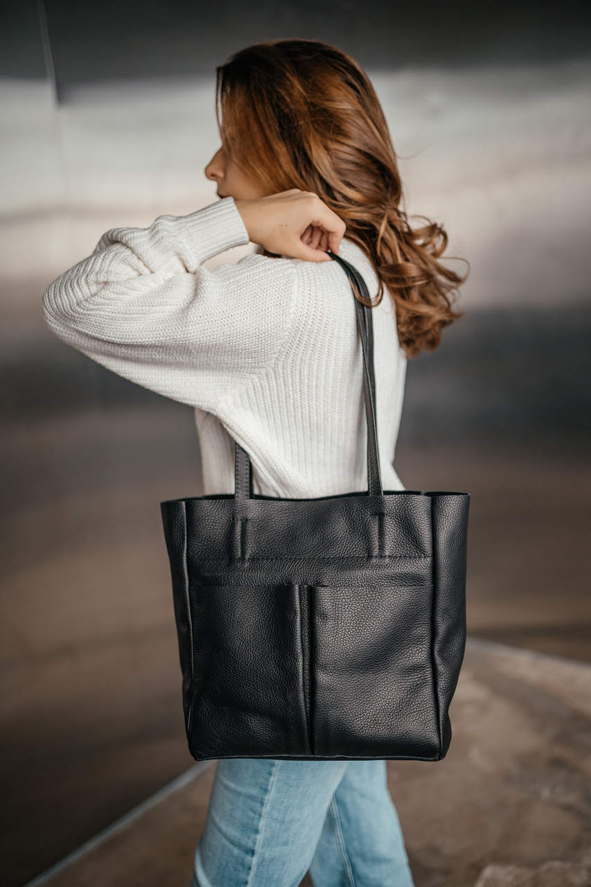 Жіноча велика шкіряна містка чорна сумка з ручками, зручна модна стильна сумка-шопер з багатьма відділеннями, жіночі сумки новинки
