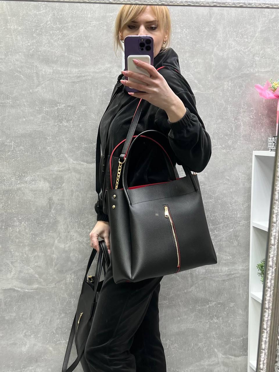 Чорна з червоним усередені - ФОРМАТ А4 - стильна сумка великого розміру з функціональною кишенею спереду (0509)