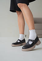 Туфли монки женские с пряжкой черные светлая подошва кожа натуральная