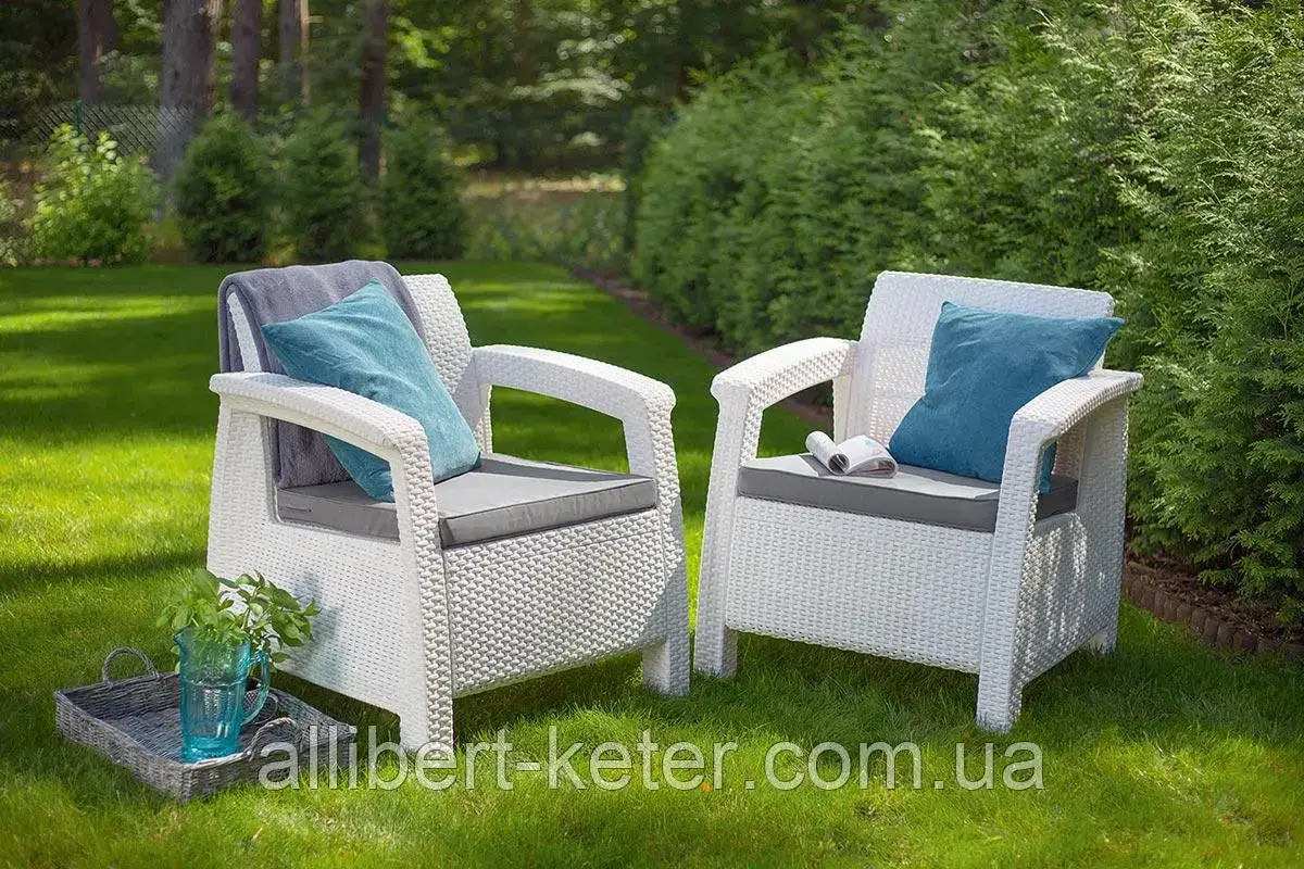 Два комфортних крісла зі штучного ротангу CORFU DUO SET білий ( Allibert ) - фото 2 - id-p2111200062