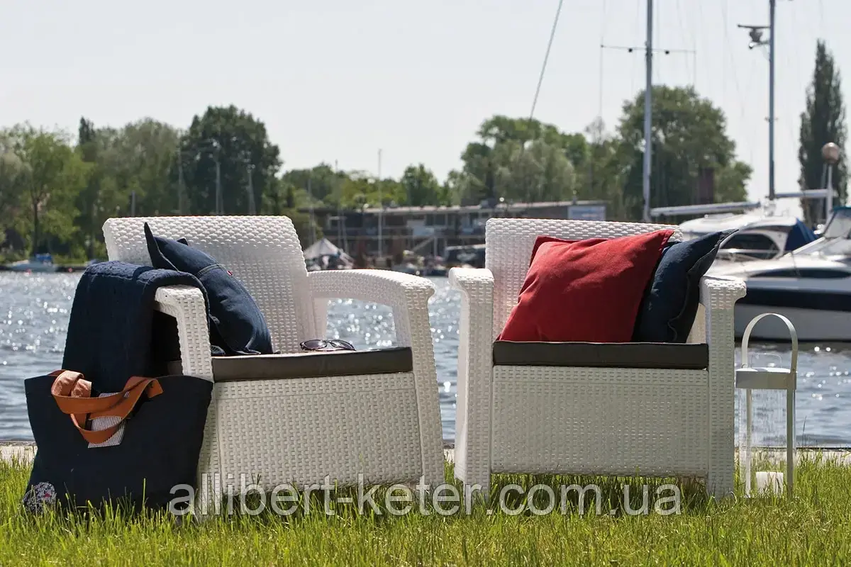 Два комфортних крісла зі штучного ротангу CORFU DUO SET білий ( Allibert ) - фото 4 - id-p2111200062