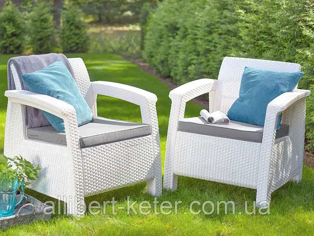 Два комфортних крісла зі штучного ротангу CORFU DUO SET білий ( Allibert ) - фото 8 - id-p2111200062