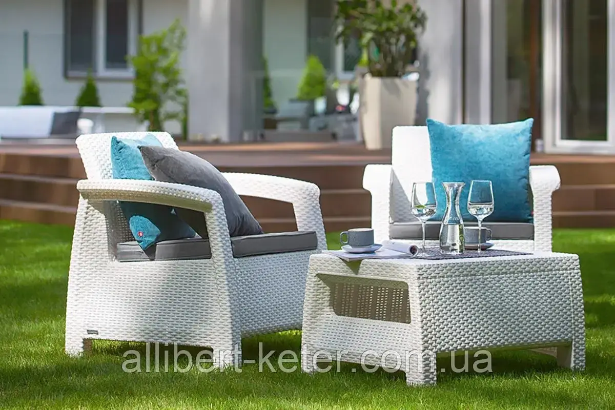Два комфортних крісла з м'якими подушками та столик CORFU WEEKEND білий ( Allibert ) - фото 4 - id-p2111200063