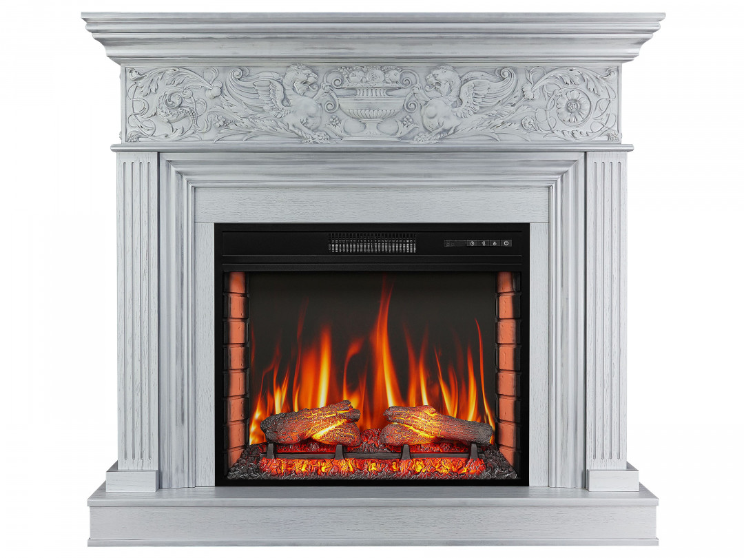 Декоративний електрокамін обігрівач з порталом для дому ArtiFlame Residence AF28S Білий дуб, Патина срібло