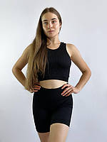 Базовый спортивный черный комплект шорты и топ в рубчик с широким поясом высокая посадка шортиков без пуш ап M