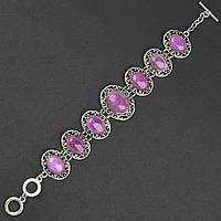 Браслет жіночий сріблястого кольору овальний із камінням чароит і візерунками застібка тогл довжина 22 см ширина 25 мм