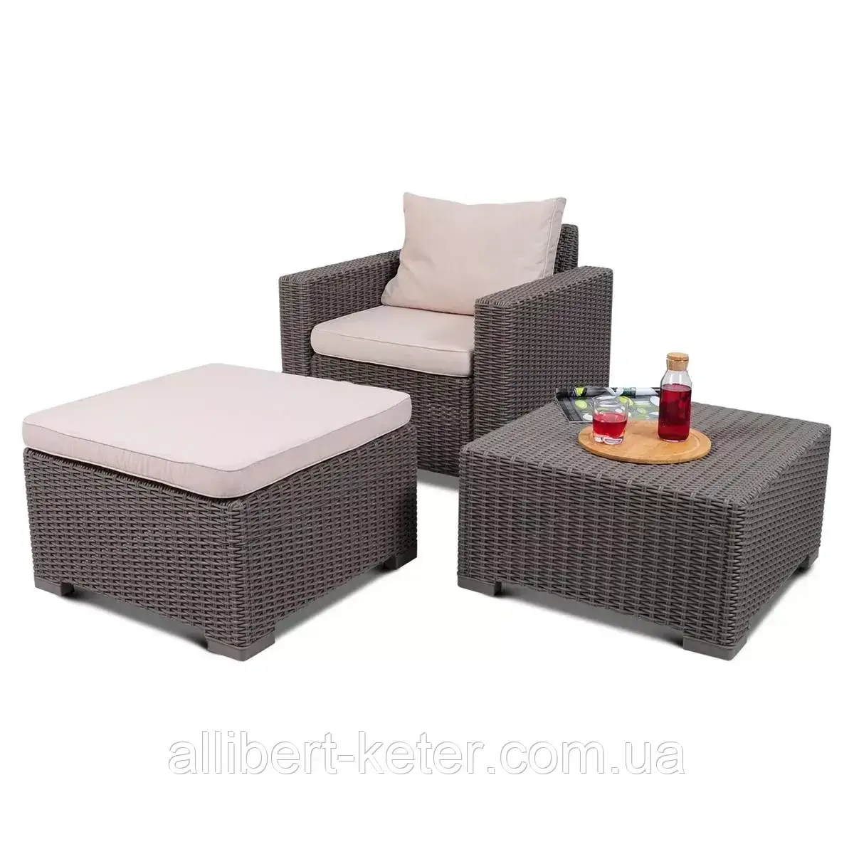 Комплект садових меблів Allibert Муреа Table+Chair+Stool With Cushion з штучного ротанга ( Keter )