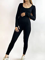 Женский комбинезон спортивный размер S черный слитный костюм для фитнеса в рубчик удлиненный рукав и лосины