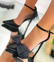Женские черные туфли атласные с бантом