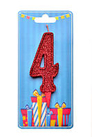 Свічка у вигляді цифри для торта червоний блиск "4"