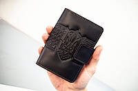 Портмоне для документов кожаное черное с тиснением Тризуб | для автодокументов, паспорта Герб Украины