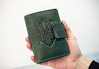 Портмоне для документов кожаное зеленое с тиснением Тризуб | для автодокументов, паспорта Герб Украины