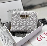 Женский кошелек Guess маленький на молнии белый с серым, брендовое фирменный маленький кошелёк на подарок