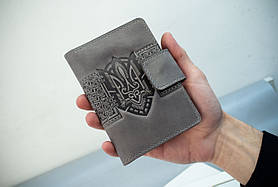 Портмоне для документів чоловіче шкіряне сіре з тисненням Герб Тризуб | для автодокументві, паспорта, військового