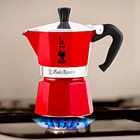 Гейзерная кофеварка для плиты Bialetti Moka Color Красная, на 3 порции, гейзер для кофе биалетти, алюминий