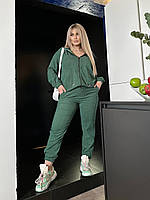 Женский прогулочный весенний костюм кофта на молнии и штаны джоггеры микровельвет х/б большого размера батал Зеленый, 48/50