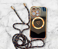 Чехол Pnakqil для iPhone 14 Pro с MagSafe и регулируемым шнурком (черный, золотой)