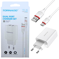 Сетевое зарядное устройство (СЗУ) Tornado TD-25 (2USB, 2.1А) + Type-C белый