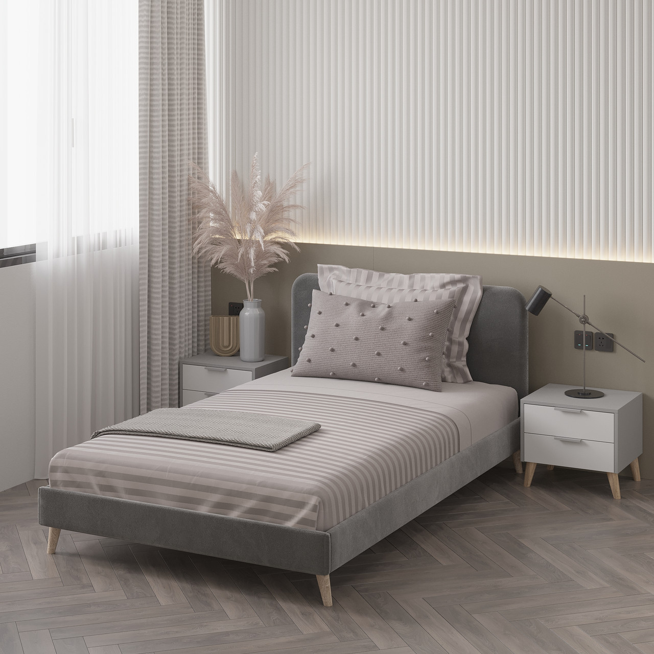 Полуторне ліжко Хюгге з м'якою обивкою та ортопедичними ламелями 900*1272*2076 мм Сірий, фото 1